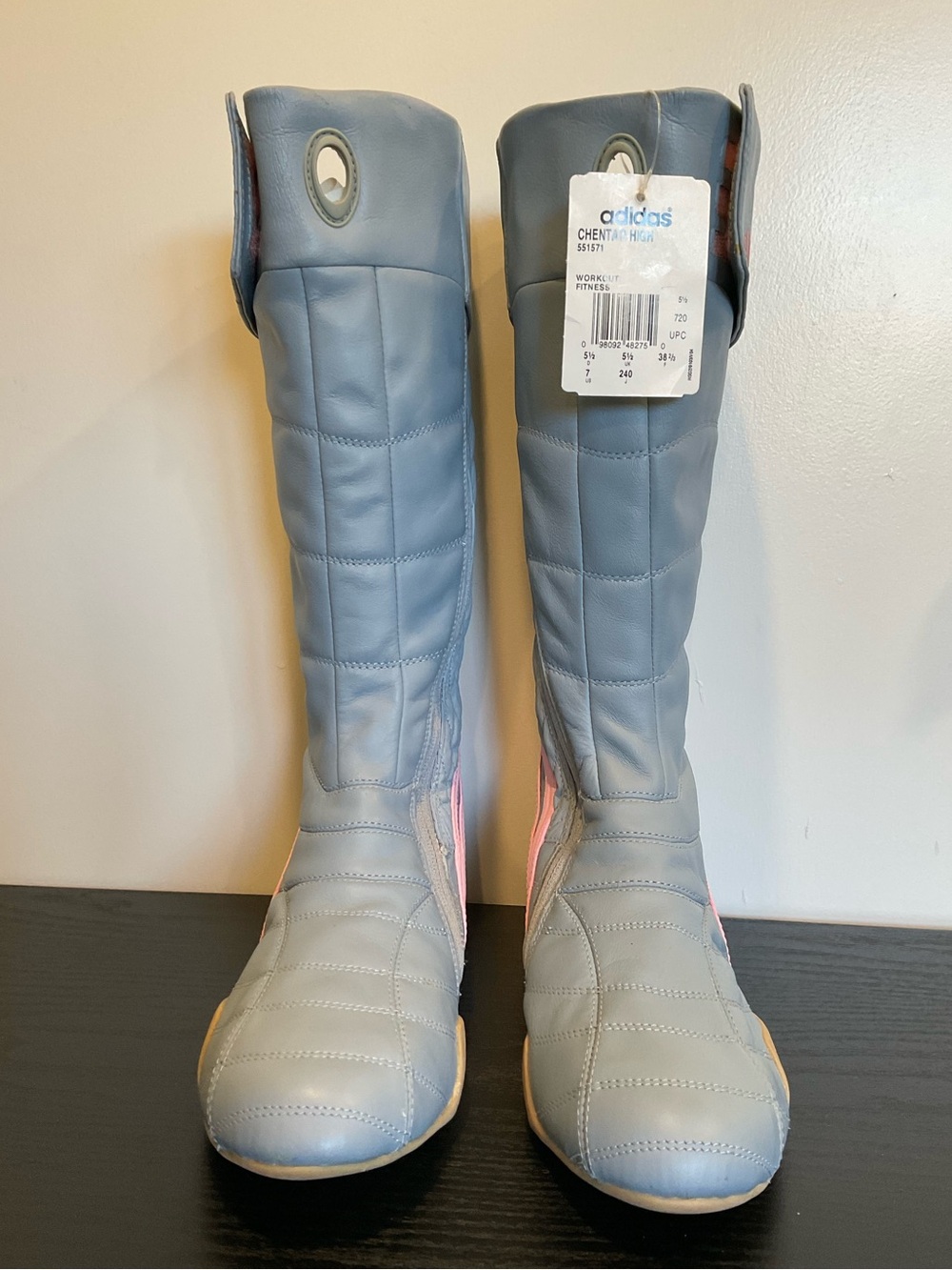 adidas Quilted Light Blue Tall Boots with Pink Accents